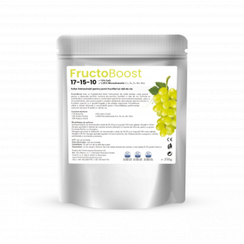 FructoBoost, 17-15-10 + 13% CaO + 1,25% Microelemente (Cu, Fe, Zn, Mn, Mo), Foliar hidrosolubil pentru pomi fructiferi și viță de vie, 250g