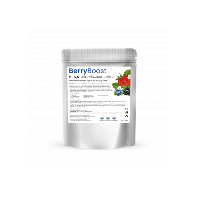BerryBoost, 5-5,5-30 8,5%CaO+2%MgO+4%SO3 + 1,25% Microelemente (Cu, Fe, Zn, Mn, Mo), Foliar hidrosolubil pentru căpșuni, afin, mur, goji, cătină, 250g