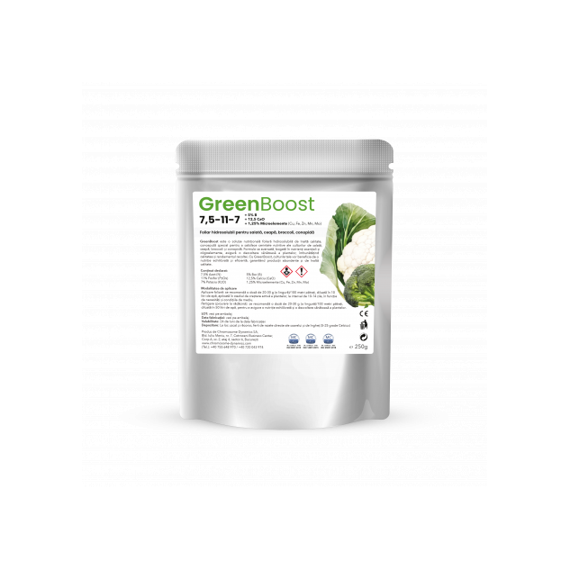 GreenBoost, 7,5-11-7 +5%Bor+12,5%CaO + 1,25% Microelemente (Cu, Fe, Zn, Mn, Mo), Foliar hidrosolubil pentru salată, ceapă, broccoli, conopidă, 250g