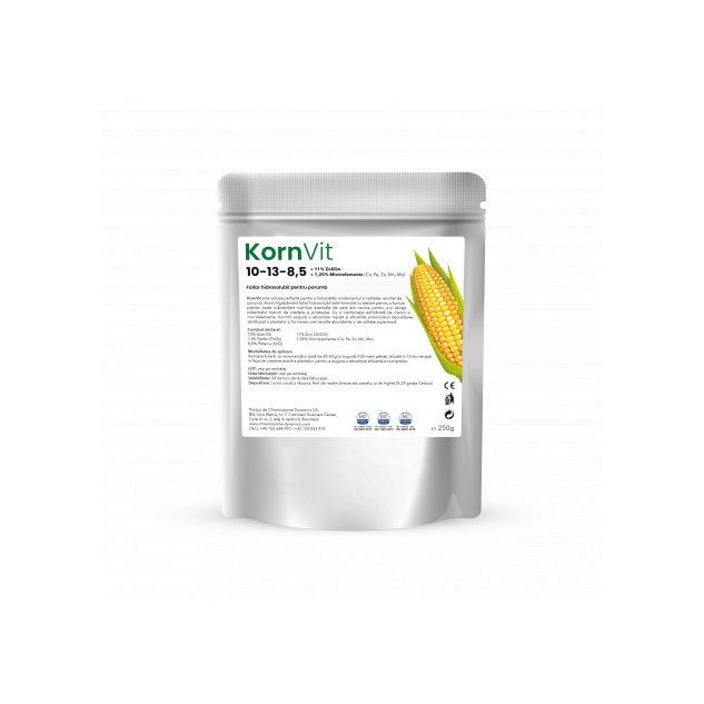 KornVit, 10-13-8,5 + 11% ZnSO4 + 1,25% Microelemente (Cu, Fe, Zn, Mn, Mo), Foliar hidrosolubil pentru porumb, 250g