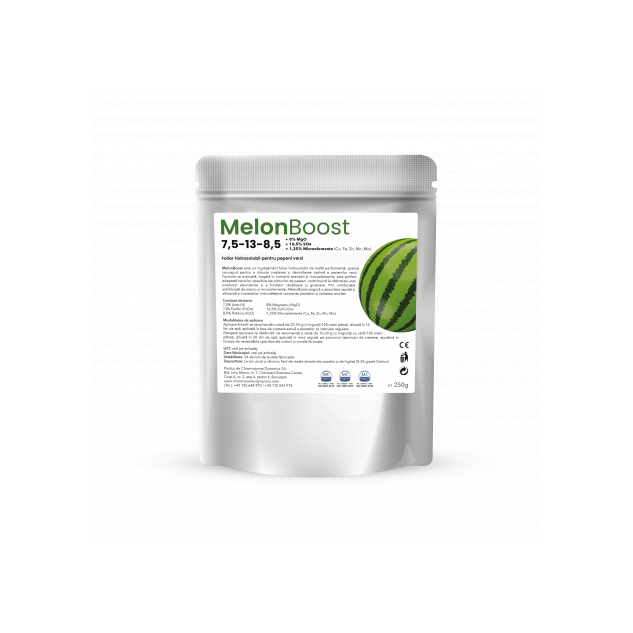 MelonBoost, 7,5-13-8,5 +8%MgO+16,5%SO4 + 1,25% Microelemente (Cu, Fe, Zn, Mn, Mo), Foliar hidrosolubil pentru pepeni verzi, 250g