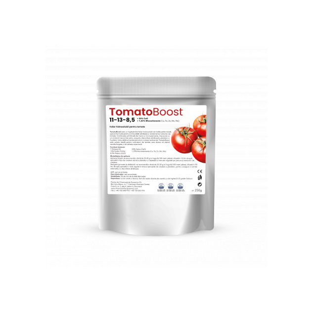 TomatoBoost, 11-13-8,5 + 20% CaO + 1,25% Microelemente (Cu, Fe, Zn, Mn, Mo), Foliar hidrosolubil pentru tomate, 250g